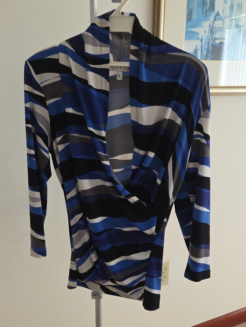 Chaus Blue, Black & White 3/4 Sleeve Faux-Wrap Top
